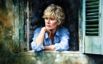 A woman with short blonde hair leans on a windowsill, resting her chin on her hand and looking thoughtfully outside. She wears a light blue shirt and is framed by an open, weathered window with green shutters.