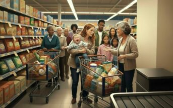 A diverse group of people waits in line at a grocery store. A woman comforts a crying toddler in a shopping cart, while talking with an older woman. Shelves filled with food boxes are visible in the background.