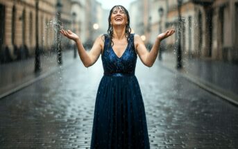 A woman in a sleeveless blue dress stands on a cobblestone street, smiling joyfully with arms raised, as rain pours down around her.