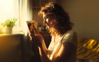 A woman smiles softly as she looks at a photograph of two young girls, bathed in warm, golden light.