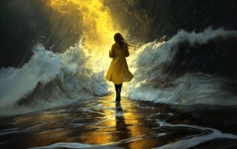 A person in a yellow coat stands on wet ground facing crashing waves and a dramatic burst of golden light in a dark, stormy setting, with rain falling and reflections on the water.
