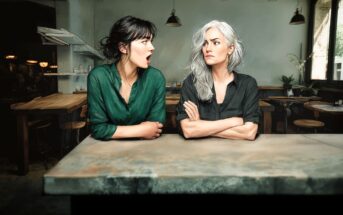 Two women sit at a table in a rustic café. The younger woman, with dark hair in a green blouse, looks surprised with her mouth open. The older woman with gray hair and folded arms looks serious and unimpressed.