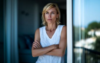 A woman with short blonde hair stands indoors near a window with her arms crossed, looking thoughtful and serious. She is wearing a white sleeveless top and natural light is coming in from outside.